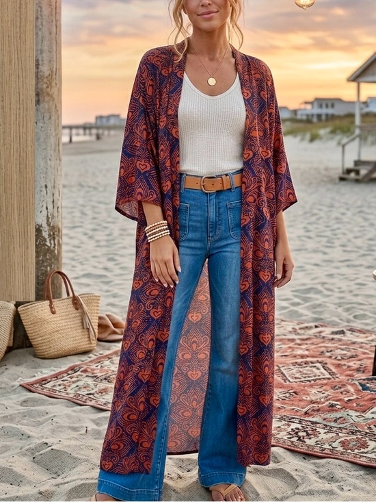 Free People Other - Free People | Riviera Printed Open Duster in Navy Blue & Rust Orange | OS